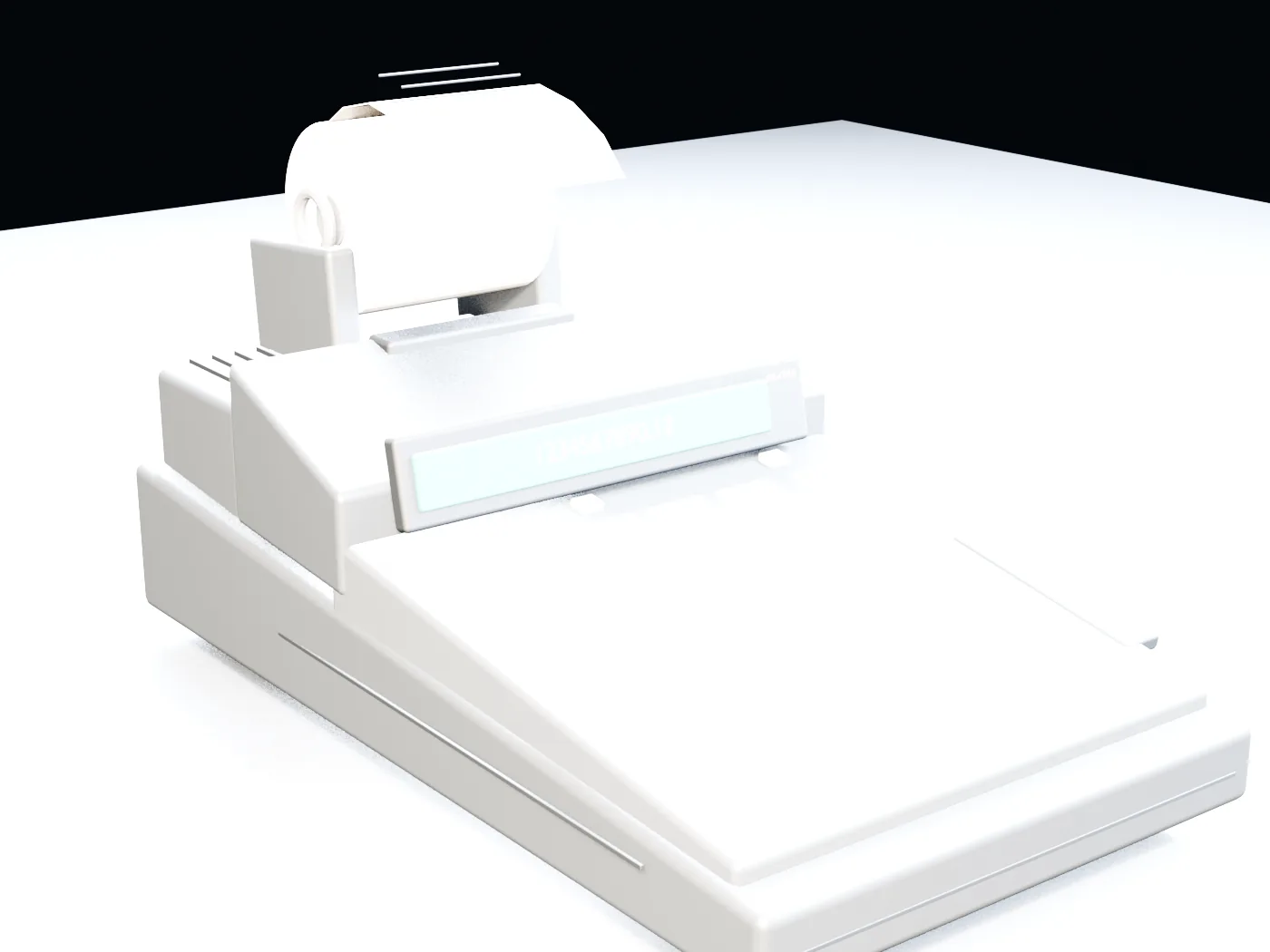 An overexposed first-pass printing calculator render with most of its body and keys blown out to white.