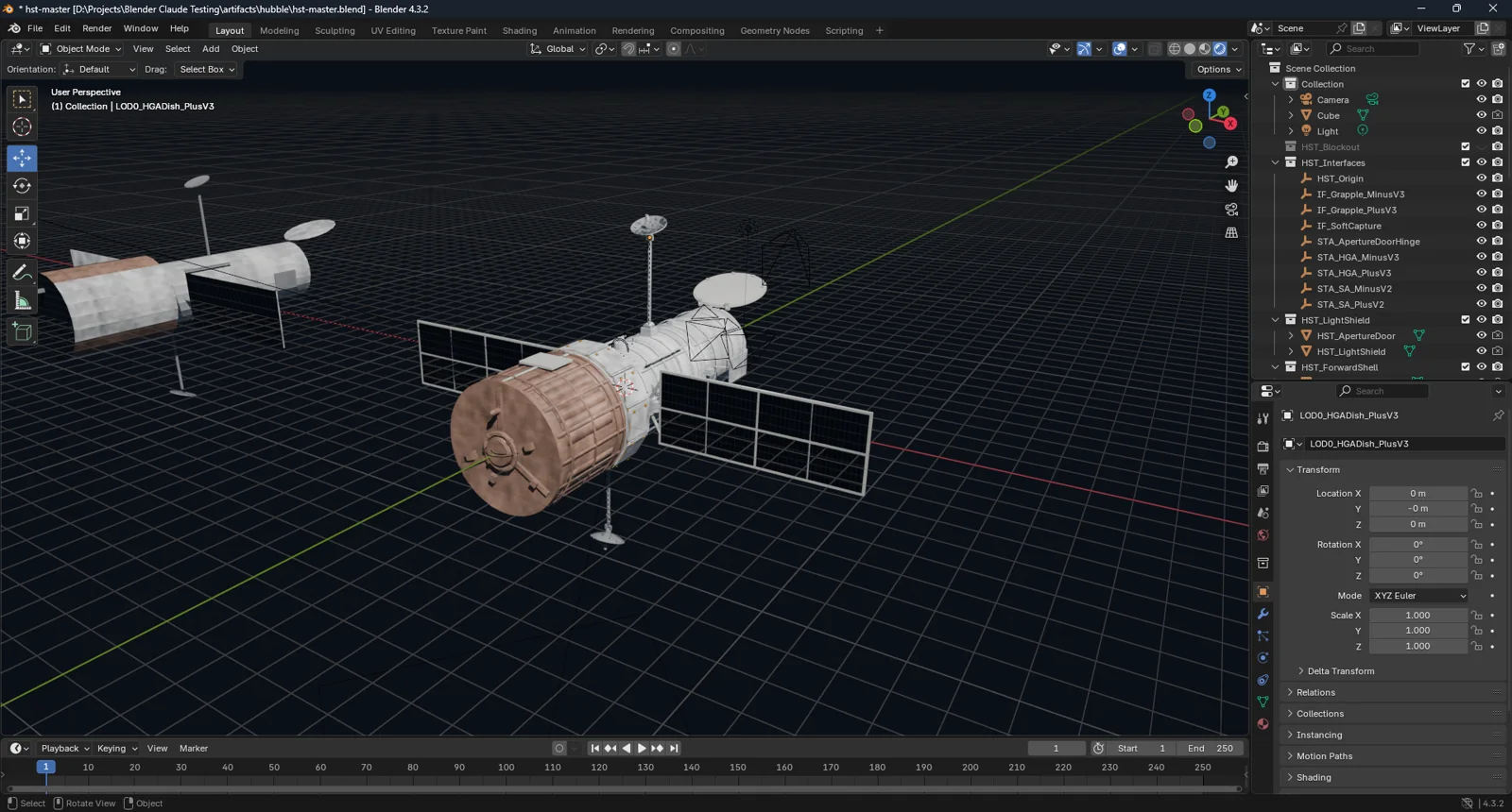 The accepted Hubble master open in the full Blender 4.3.2 interface, with the telescope visible in material preview and its native collections visible in the Outliner.