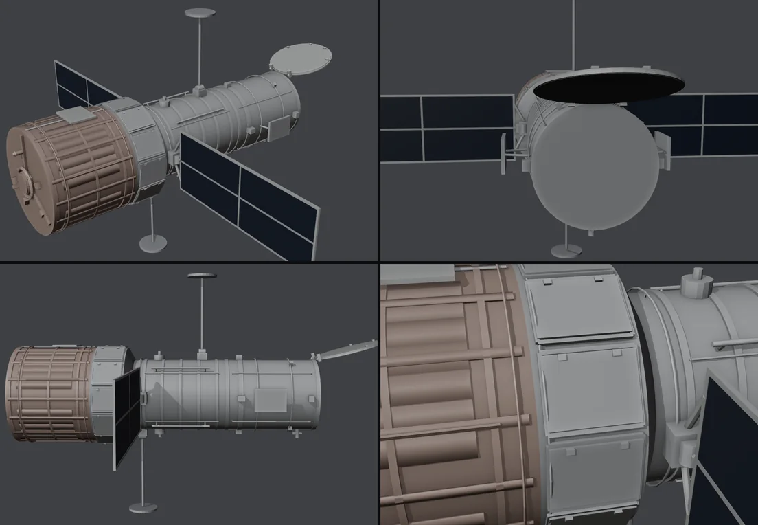 Four-view Blender build sheet showing Hubble's solar arrays and articulated interfaces.