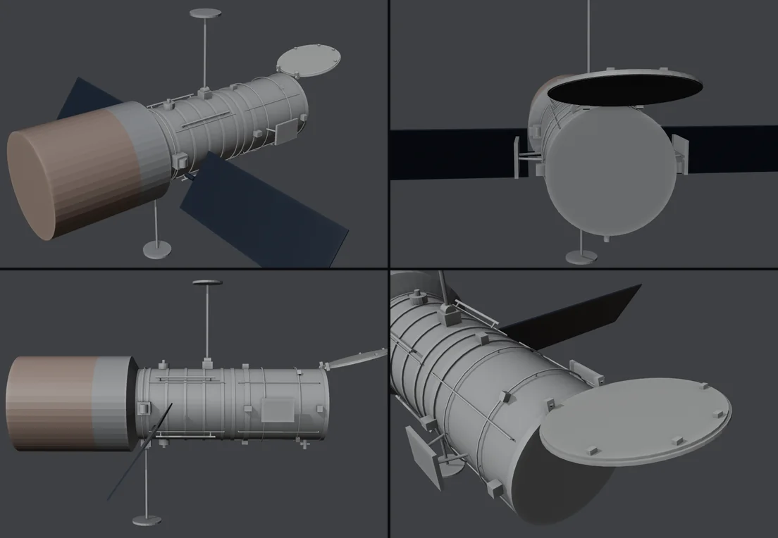 Four-view Blender build sheet for Hubble's light shield, aperture door, and forward shell.