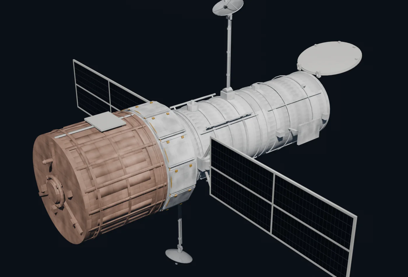 Accepted three-quarter hero render of the Hubble reconstruction with open aperture door, solar arrays, antennas and detailed external structure.