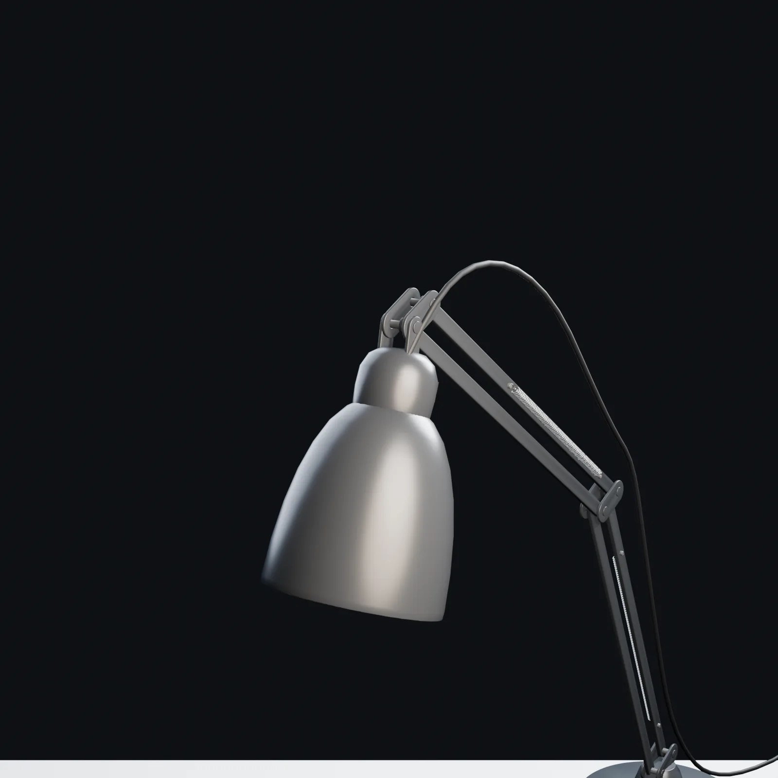 Close evidence view of the Luxo lamp head mechanism, including shade, yoke, cap, pivot and springs.