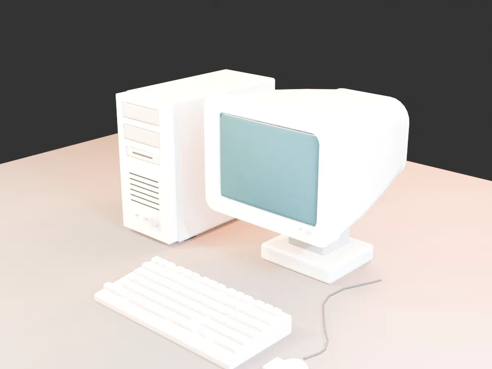 An early broad-task Blender workstation with a generic white tower, CRT monitor, keyboard and mouse on a bright background.