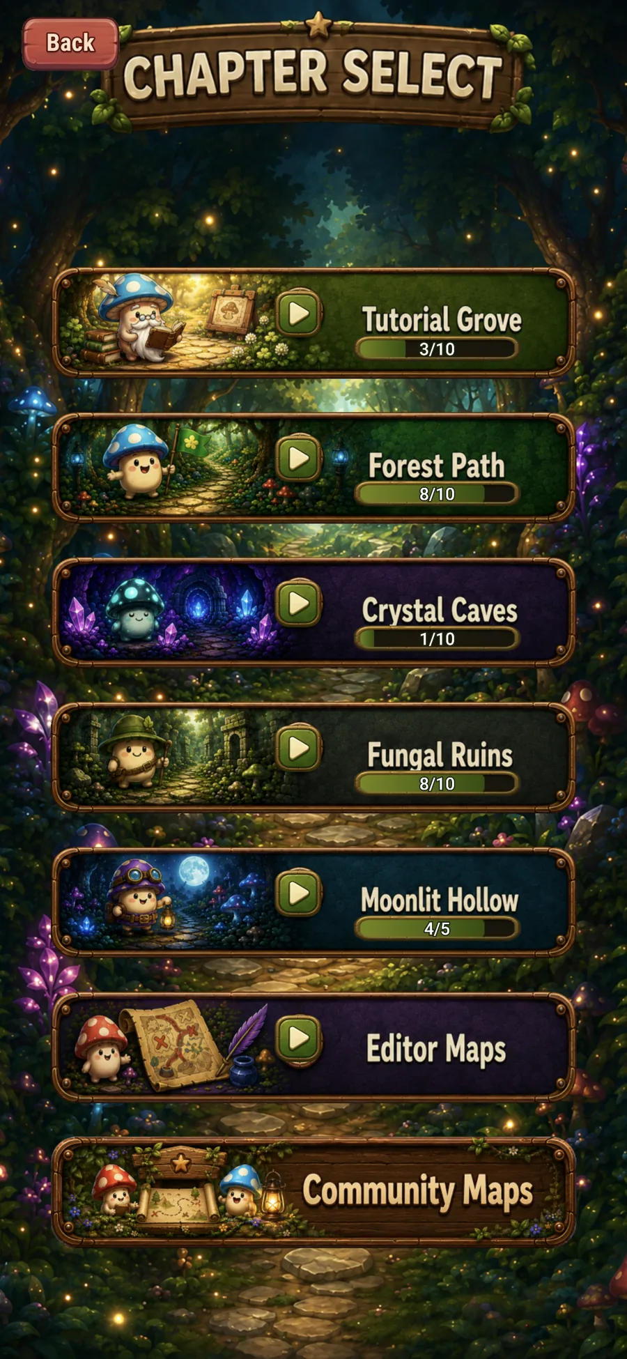 Mushroom March chapter selection screen on a phone.