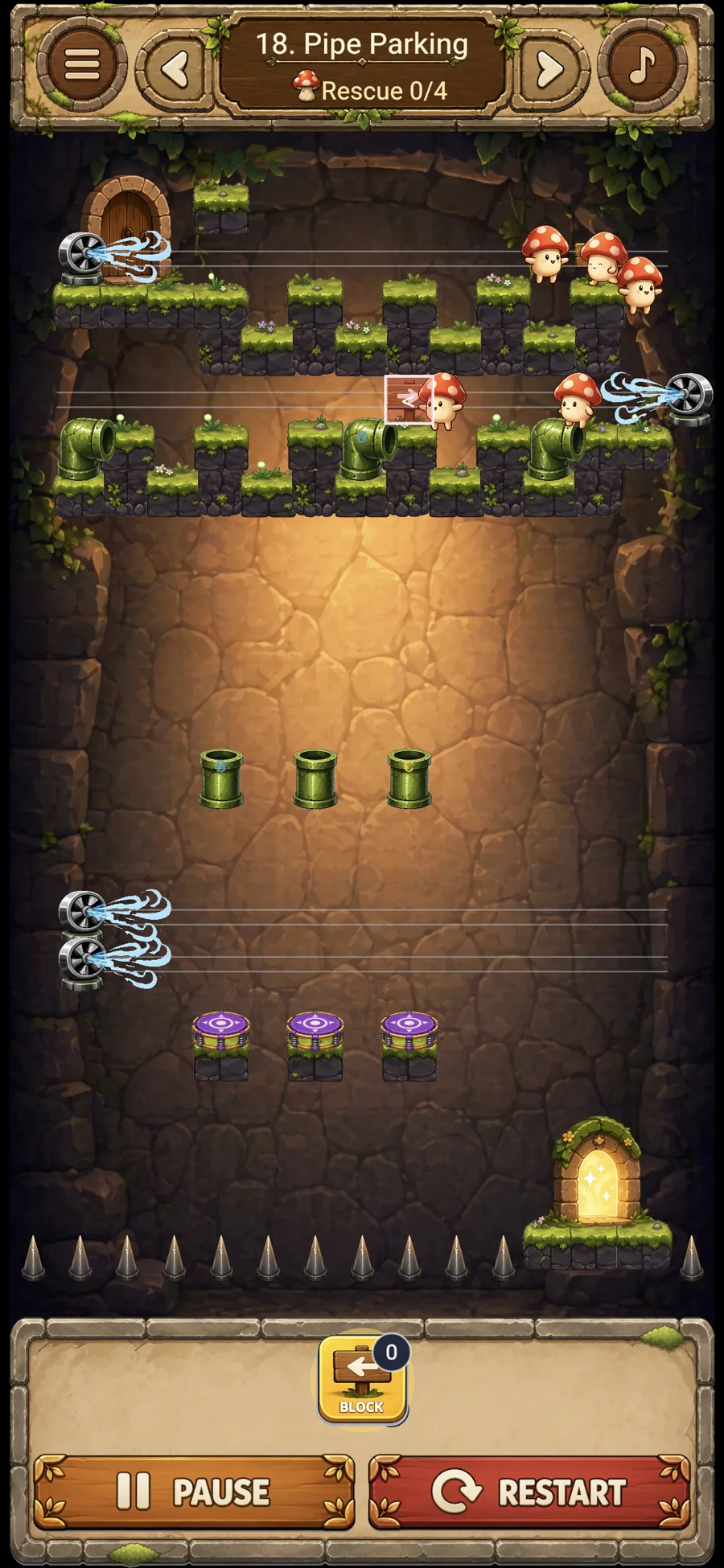 Mushroom March level 18, Pipe Parking, running as a portrait phone game.