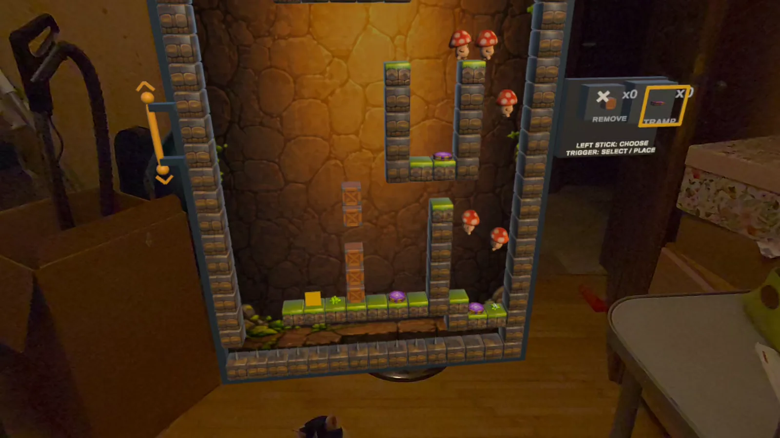 Mushroom March running as a mixed-reality diorama on a Meta Quest 3, surrounded by the real room seen through passthrough.
