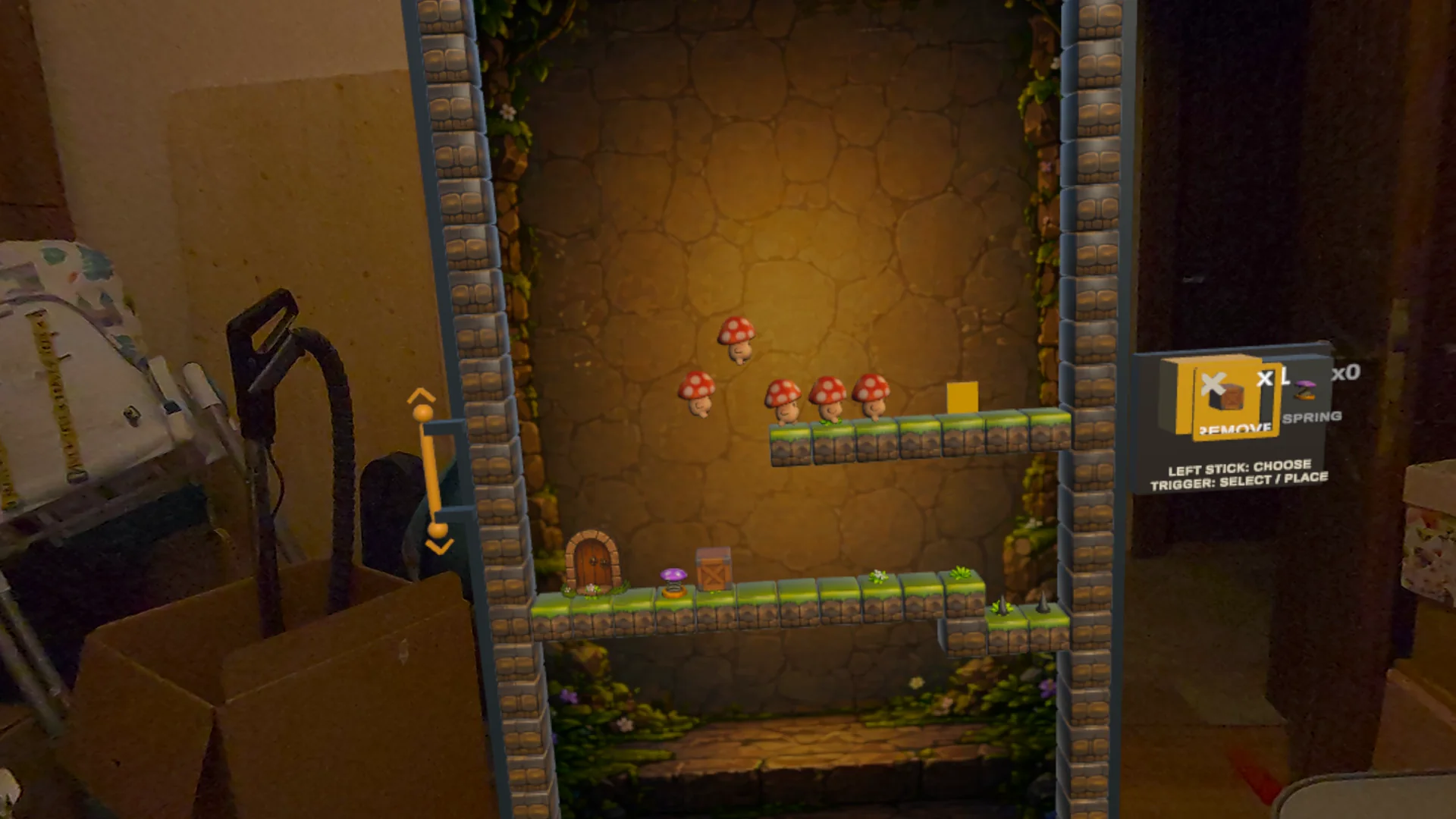 A Mushroom March trampoline level displayed as a mixed-reality diorama in a room.