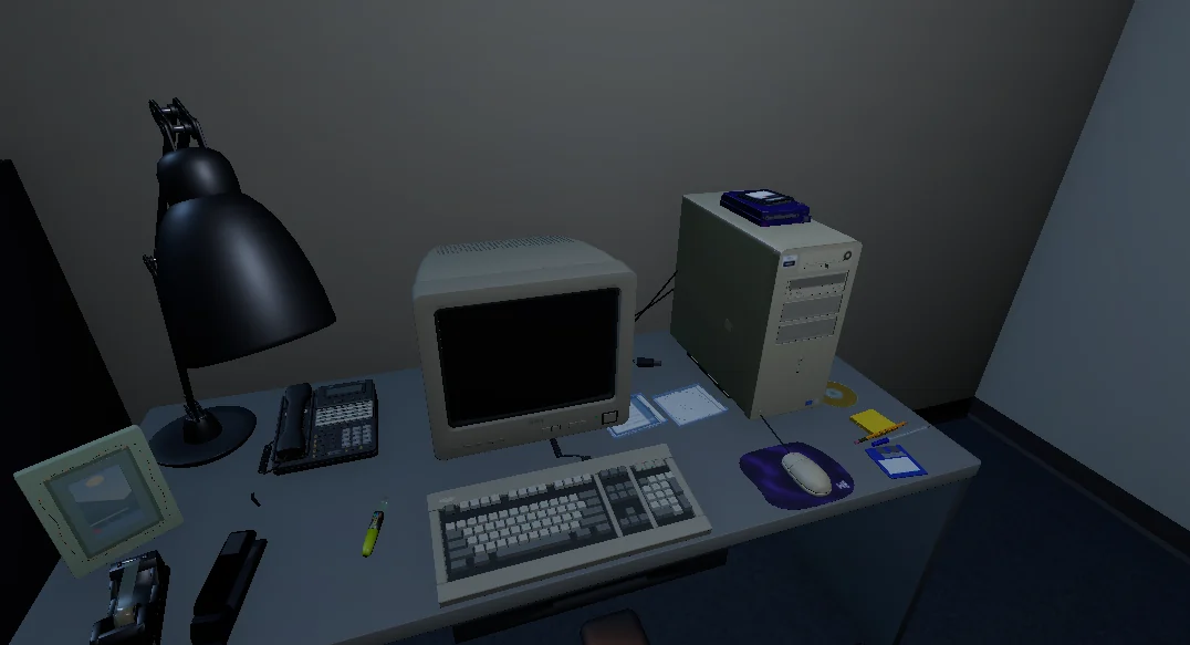 A bridge-captured Unity scene view of a researched 1990s office desk, including a CRT monitor, tower, keyboard, mouse, telephone, lamp, and desk accessories.