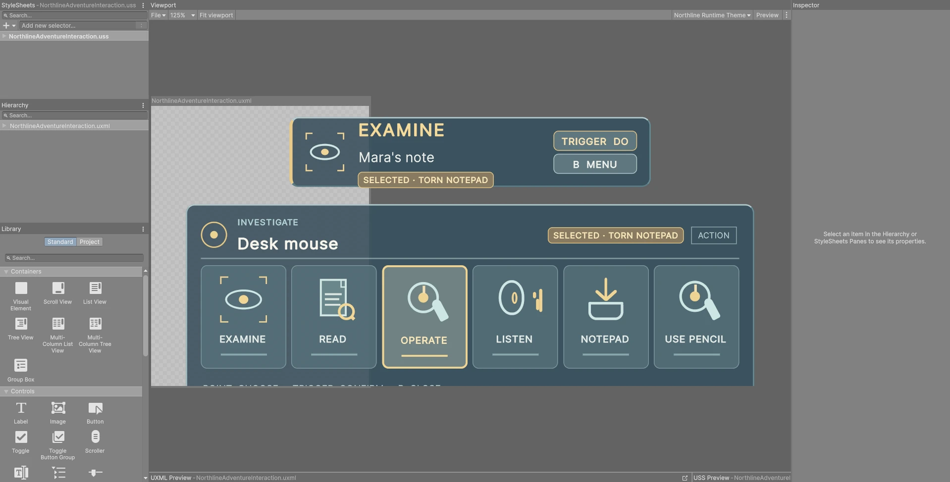 A complete Unity UI Builder window captured by the bridge, showing an Examine interaction panel, project style sheet, hierarchy, library, and inspector.